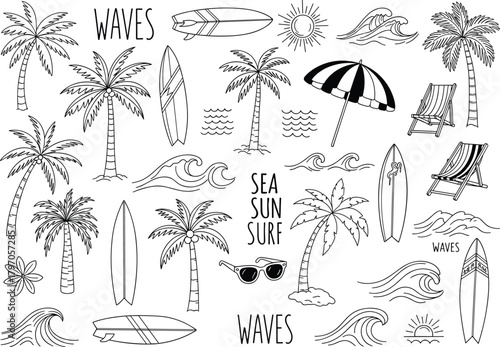 Hand Drawn Summer Beach Doodles Vector Set, Palm Trees Surfboards Waves Sun Umbrella Sketch Collection Design, Tropical Vacation