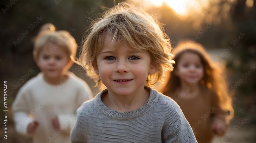 Fototapeta premium A happy young boy smiles at the with two blurred children running behind him in golden hour sunlight