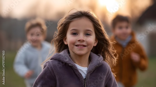 A happy young girl smiles at the while children run behind her in a warm outdoor setting at golden hour