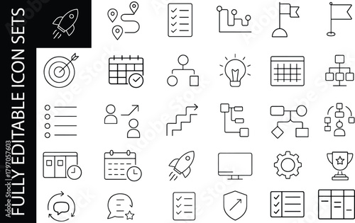Minimal editable line icon set for project management, business planning, workflow, timelines, productivity and strategic development