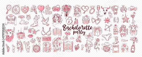 Pink western icon set with cowboy, cowgirl, and bachelorette party details in cute doodle style. Fun cowgirl doodle collection with love, hearts, and wine  drawn cowgirl doodle for girly design ideas.