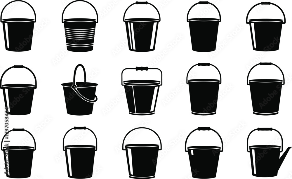 Fototapeta premium Bucket Pail Container Collection Set Silhouette Vector Illustration Graphic Art Design Outline Sketch Symbol Cleaning Garden.
