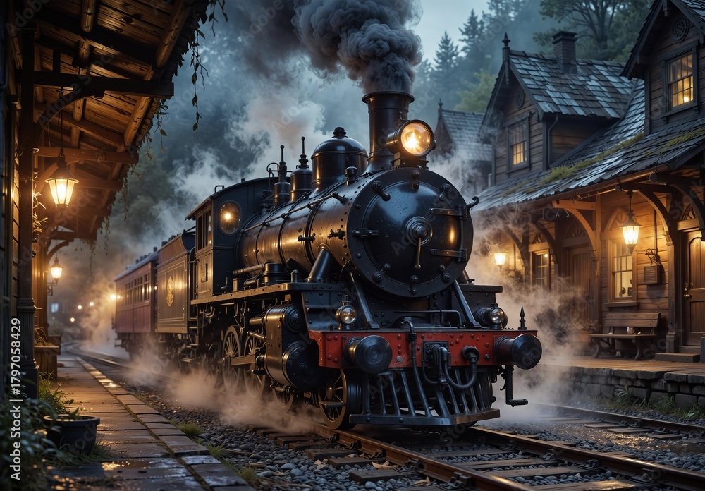 Obraz premium vintage steam train arriving at a historic wooden railway station on a misty morning.