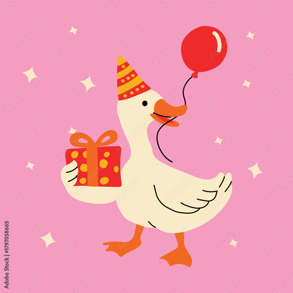 Fototapeta premium Cartoon Goose Holding Present and Red Balloon