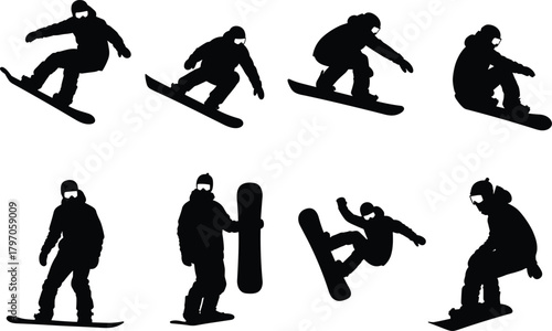Snowboarder Snowboarding Silhouette Set Vector Illustration Graphic Art Design Outline Sketch Symbol Winter Sport Activity Extreme.
