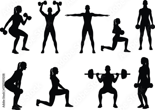 Gym Workout Exercise Fitness Silhouette Set Vector Illustration Graphic Art Design Outline Sketch Symbol Training Active Lifestyle.