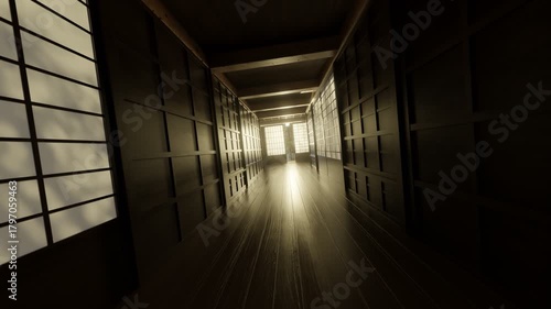 Japanese wooden corridor with shoji sliding doors in the evening sunlight