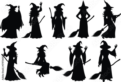 Witch Collection Silhouette Set Vector Illustration Engraving Style Drawing Graphic Art Design Outline Sketch Symbol Halloween Decoration Magic.