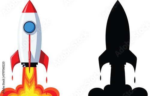 Rocket Launch Vector Illustration  Spacecraft Takeoff, Blast Off, Flames, Smoke, Space Exploration, Sci-Fi Adventure, Speed and Power Icon