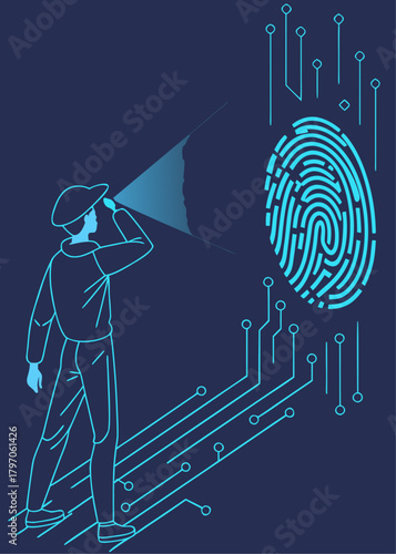 Minimalist neon-blue figure holding a flashlight on a circuit-like path, examining a large glowing fingerprint with circuit traces on a dark blue background.