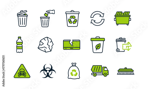 Modern Recycling and Waste Management Icon Set – Trash, Eco, Hazard, and Environmental Symbols for Sustainable Lifestyle Concepts