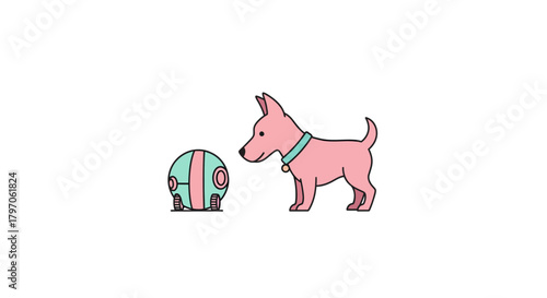 Adorable pink cartoon dog with a stylish collar playing with a fun, colorful robot toy on a clean white background, perfect for kids content