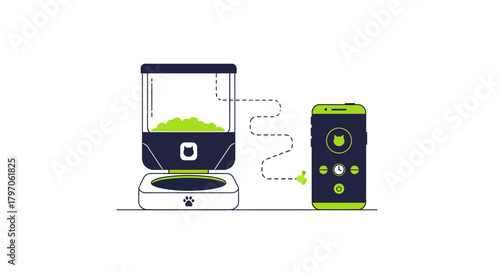 Modern cat feeder controlled by smartphone app, making pet care easier than ever before for busy owners, showing sleek design and convenience