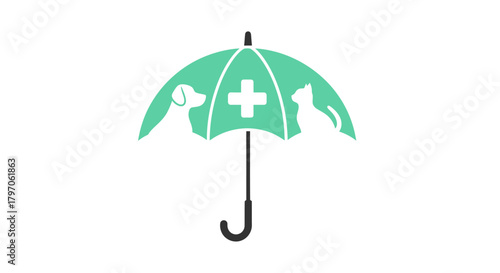 Safeguarding pet health with dependable coverage under a protective umbrella featuring a dog, cat and medical plus sign for veterinarian care and wellbeing