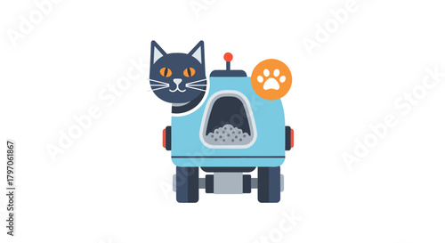 Modern pet care design featuring a curious cat using an automatic litter box, perfect for showcasing innovative pet tech and comfortable pet lifestyle solutions
