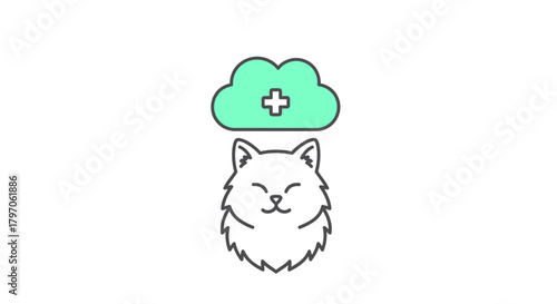 Cute fluffy cat with a cloud and cross above, perfect for veterinary clinic branding or pet health designs that need a touch of gentle, playful charm