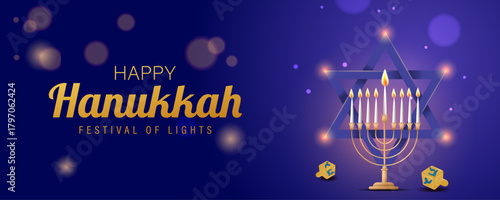 Happy Hanukkah Menorah with Glowing Candles and Starry Blue Background