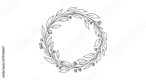 A delicate circular wreath composed of thin branches with small leaves and buds, rendered in a simple black and white line drawing style.