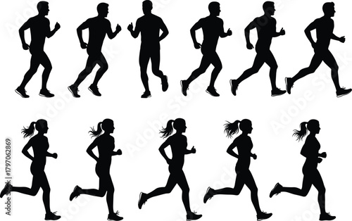 Running Jogging Runner Athlete Silhouette Vector Set Isolated White Background Fitness Icon Logo Cad Drawing Flat Illustration