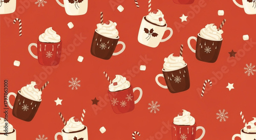 Christmas Hot Cocoa Seamless Pattern – Festive Winter Mug Illustration Background
