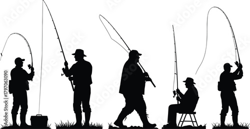 Fishermen Fishing Rod Silhouette Vector Set Isolated White Background Hobby Recreation Icon Logo Cad Drawing Flat Illustration