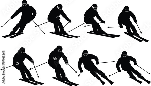 Alpine Downhill Skiing Skier Silhouette Vector Set Isolated White Background Winter Sport Icon Logo Cad Drawing Flat Illustration