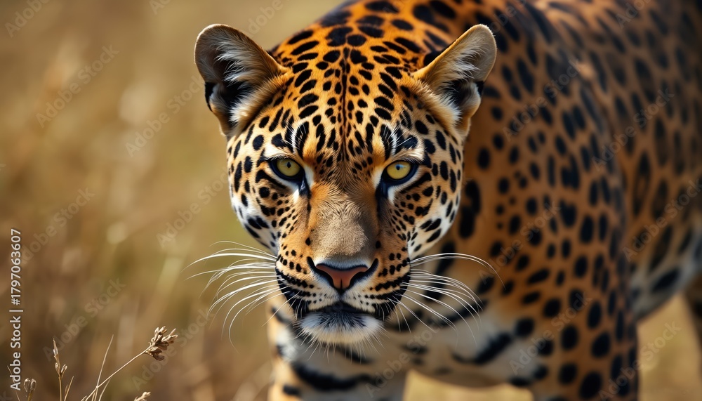 Obraz premium Close-up of wild jaguar looking forward with intense yellow eyes. Big cat stands alert in nature, showing spotted fur pattern. Predator watches silently in savanna, ready for next hunt. Powerful