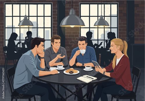 Four people sit at a round table in a cafe, discussing business over coffee and pastries, with other patrons in the background.