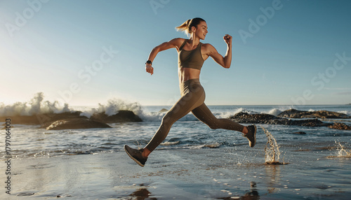 Wallpaper Mural Athletic woman running along shoreline with waves splashing bright sky energetic mood fitness healthy lifestyle beach workout morning exercise motivation Torontodigital.ca
