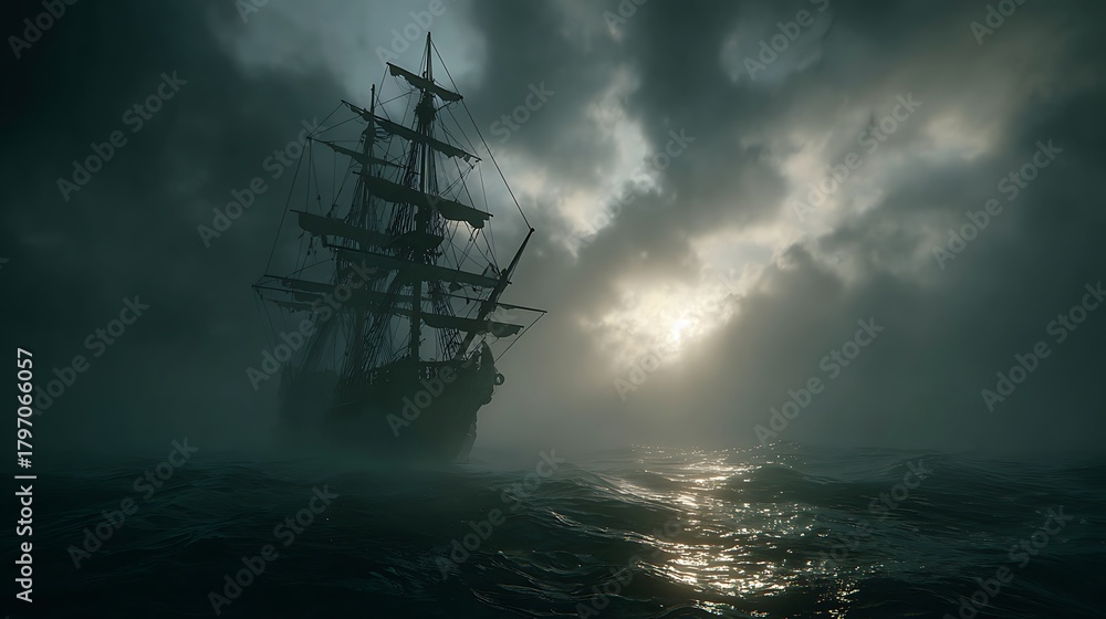 Fototapeta premium Sailing Ship Navigating Through Stormy Seas with Fog and Dramatic Lighting
