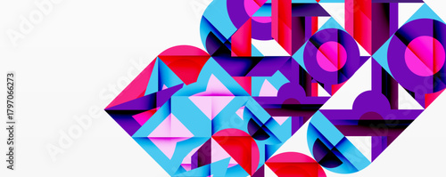 Abstract geometric shapes form vibrant composition. Purple, red, cyan dominate design, creating modern aesthetic. Clean lines, sharp angles present.