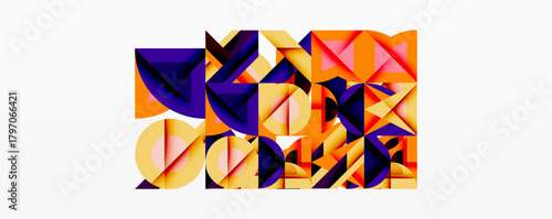 Abstract geometric composition. Shapes overlap, creating vibrant color contrasts. Yellow, orange, purple dominate design. Modern aesthetic.