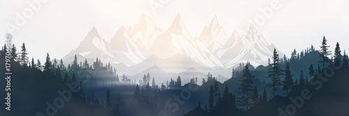 Sunrise in the mountains, wild forest, misty silhouettes of ridges, vector illustration