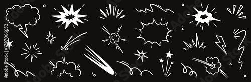 Comic explosion doodles in dynamic hand-drawn style. Retro cartoon effects for action scenes. Graphic impact elements on a dark background.