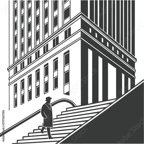 Man descending stairs in front of a building person
