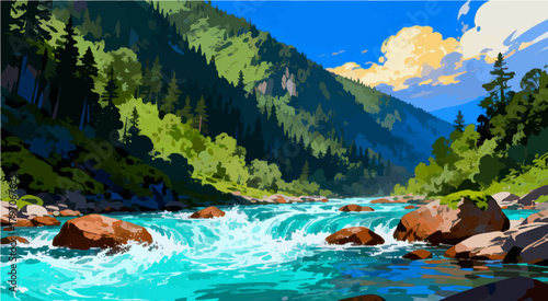 A breathtaking digital painting illustrates a fast-flowing, vibrant turquoise river carving its way through a steep, majestic mountain landscape. Dense coniferous forests cover the slopes