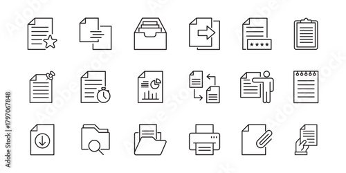 Collection of black and white document icons representing various file management and paperwork tasks. Financial Document Analysis and Calculation Icons Set. Modern flat vector illustration of contact