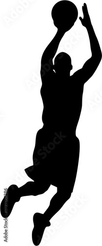 Black silhouette of a basketball player jumping with a ball, captured in a dynamic pose for a slam dunk or layup. Isolated sports action figure on a white background