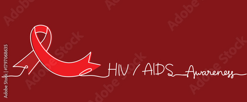 hiv aids awarenesss text lettering with red satin ribbon symbol sign, One continuous line drawing for Poster, banner, background with lettering, Doodle outline,Minimal Symbol,Outline Art red backgroun