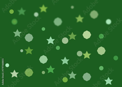 Green abstract background with scattered stars and circles in various shades of green