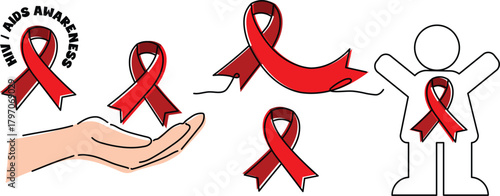 collection set of hiv aids awareness elements illustration clipart, save hand holding red satin ribbon with hiv aids awarenss text lettering, group of red awareness ribbon bow sign symbol artwork 