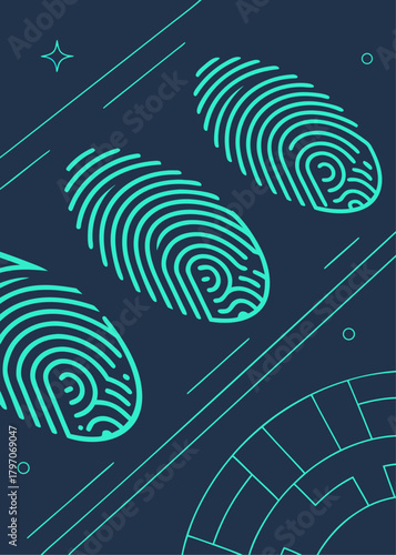 Three bright-cyan fingerprint patterns arranged diagonally on a dark-blue background, accompanied by geometric elements (lines, circles, partial circular grid) and a small star-like accent.