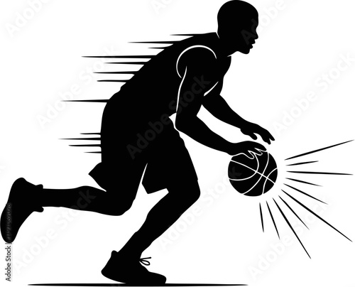 Dynamic silhouette of a basketball player rapidly dribbling the ball, depicting speed and agile motion on the court, ideal for sports branding and athletic themes