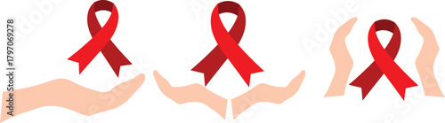 save hands holding red satin ribbon for hiv aids awareness blood cancer campaign , open hands with cancer red ribbon bow poster awareness collection set, vector illustration, protect hands with ribbon