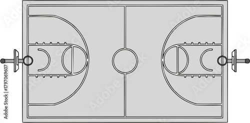 Top-down view of an empty basketball court with clean lines and markings