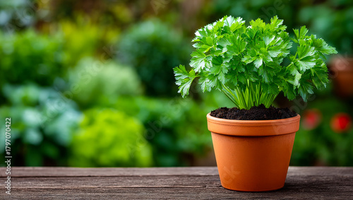 Cilantro in a table pot. A vibrant cilantro plant sits in a terracotta pot on a wooden table, surrounded by greenery in the garden.
