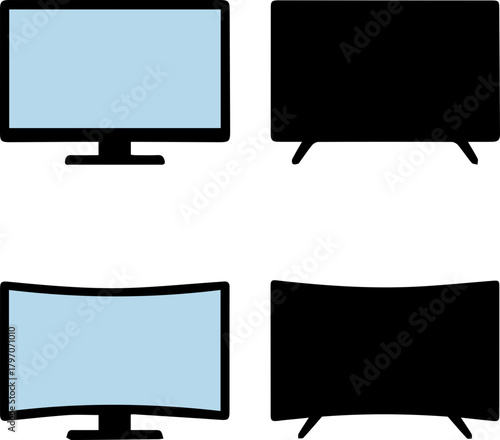 Set of Flat and Curved Television Silhouette Icons
