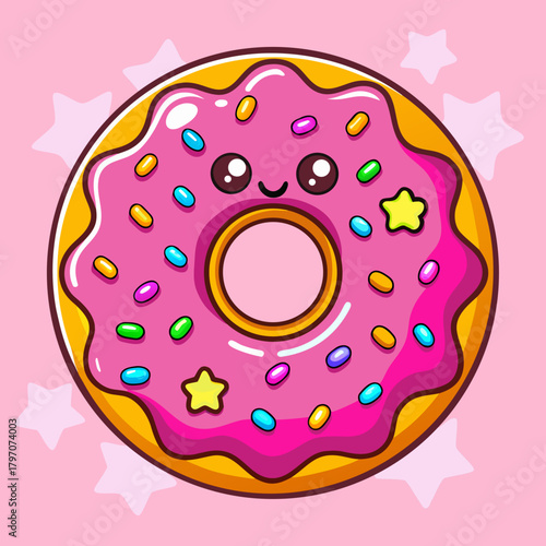 A happy kawaii donut with sprinkles in a colorful cartoon