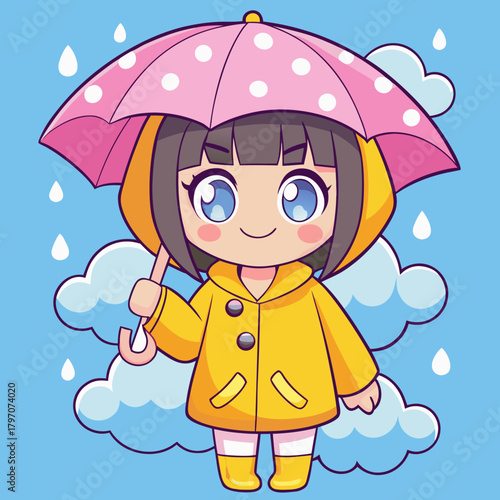 Cute anime girl holding pink umbrella in the rain