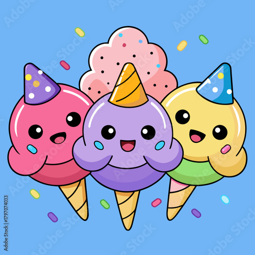 Three Kawaii Ice Cream Cones Smiling and Wearing Party Hats